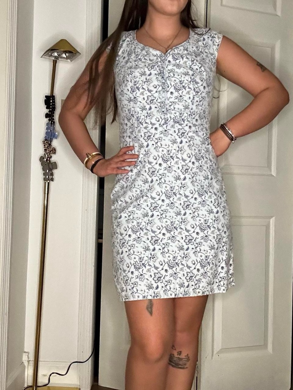 Handmade Floral Sleeveless Mini Dress - White & Blue